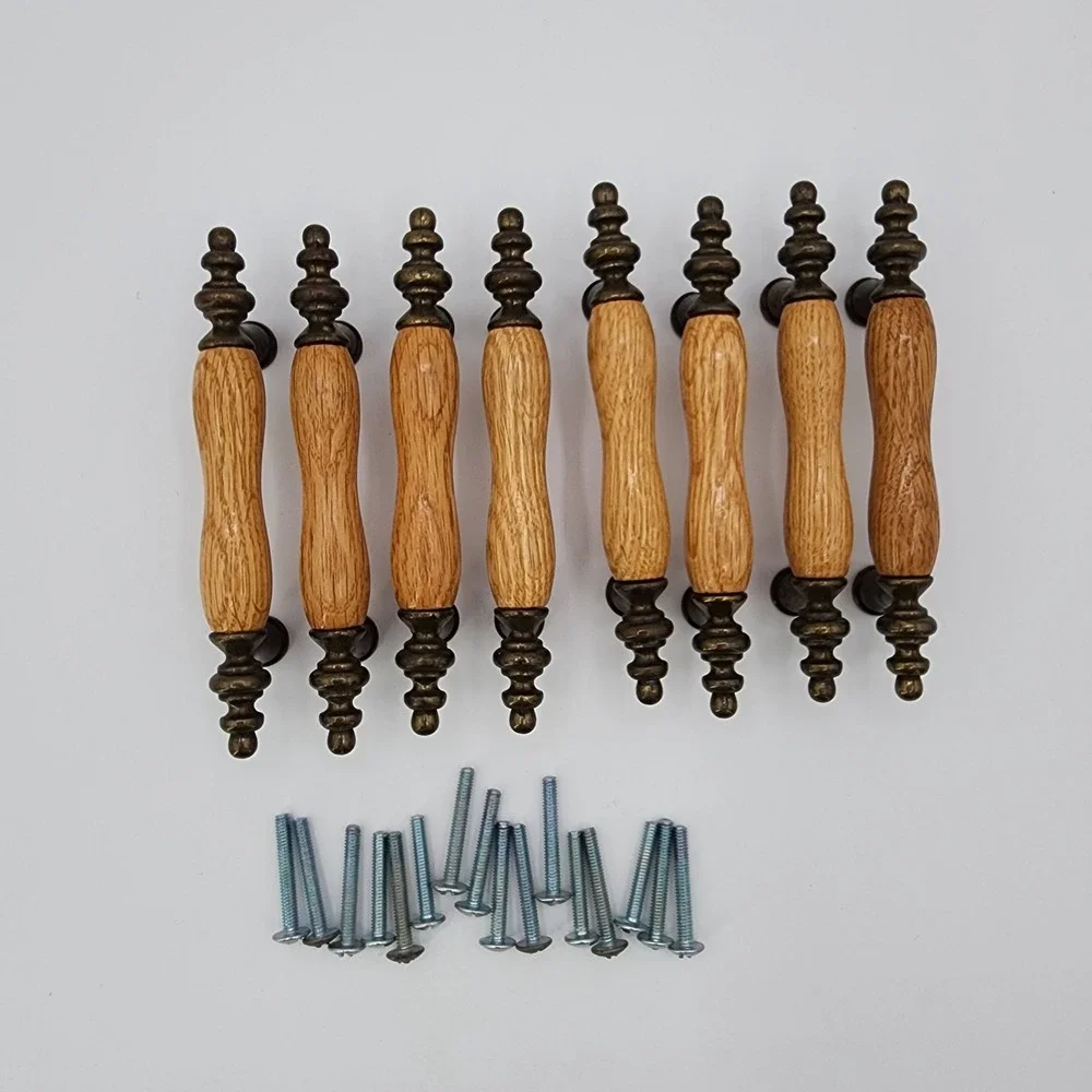 Vintage Salvaged Recycled Wood &‎ Brass Drawer Pulls Oak & Metal Cabinet Handles